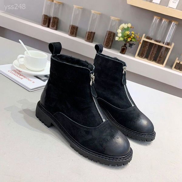 

front zipper martin boots female british style 2019 autumn and winter new korean students flat bottom wild thicken simple snow boots, Black