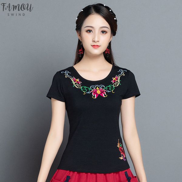 

summer ethnic embroidery short sleeve t shirt o neck cotton tees ladies plus size clothes solid 100% cotton color black, White