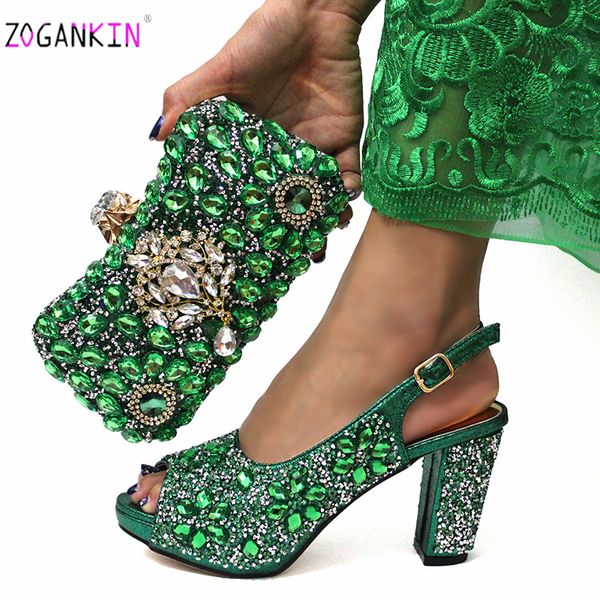 

italian women new arrivals shoes and bag to match in green color mature style with shinning crystal sandals for wedding party, Black