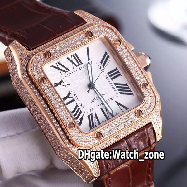 

new big 100xl 40mm wm502051 white dial automatic mens watch rose gold diamond case brown leather strap sport watches watch_zone 2 color, Slivery;brown