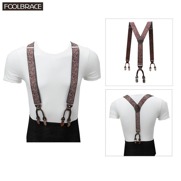 

suspenders 3.5cm men brown genuine leather braces adjustable 6 clips commercial western style, Black;white