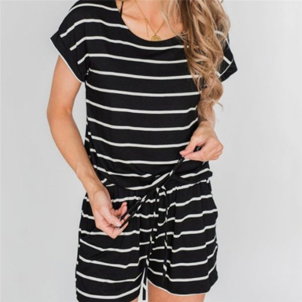 

summer women jumpsuit o neck short sleeve drawstring short fashion pockets play suit solid color striped casual loose, Black;white