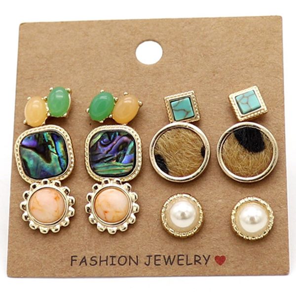

6 pair sets mini stud earrings heart snake skin arrow elephant crystal bar hands sun leopard malachite, Golden;silver