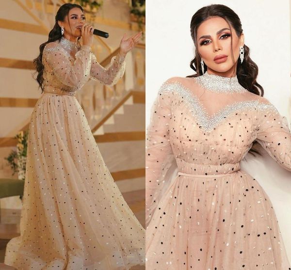 2020 Cristais de ignição Aso Ebi Estilo celebridade Vestidos A Linha Tules manga comprida Árabe Prom Vestidos Colarinho alto Partido Prom