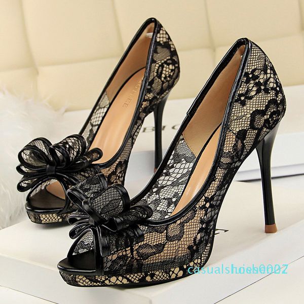 

peep toe женщины насосы lace классические насосы mesh hollow женские туфли на высоком каблуке свадебная обувь bow chaussure femme неглубокие, Black