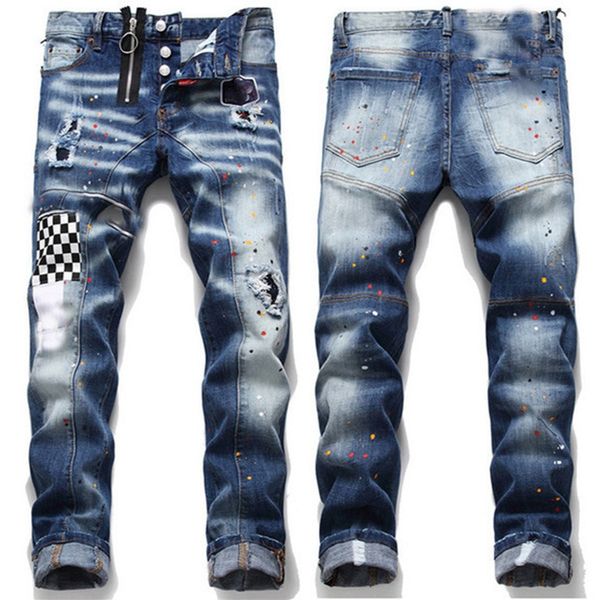 

mens rips stretch black jeans fashion slim fit washed motocycle denim pants panelled hip hop trousers a12, Blue