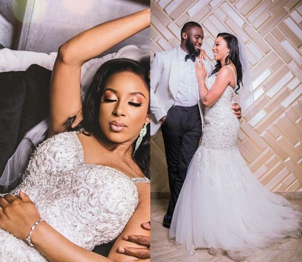 

2021 latest african tulle mermaid wedding bridal gowns with lace applique spaghetti straps back wedding dresses vestidos de mariee, White