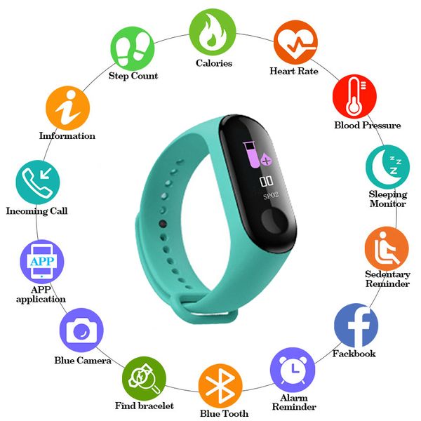 

m3 color ips screen smart sport fitness bracelet ip67 waterproof blood pressure activity tracker for kids child men women watch, Slivery;brown
