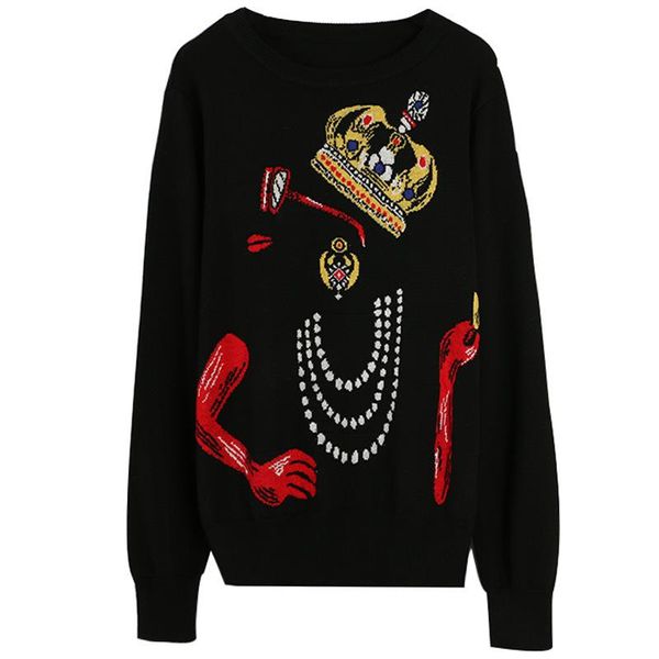 

2019 осень новый женский водолазка с длинным рукавом корона вышитый черный шею вязать топ женская зимняя одежда свитер женщин, White;black