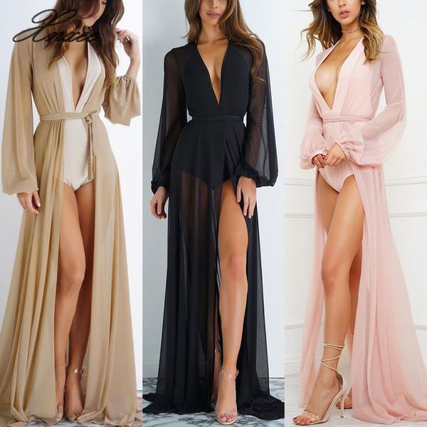 

women summer chiffon cardigan open stitch lace-up drawstring long cover up beach kaftan see through bathing jacket, Black;brown