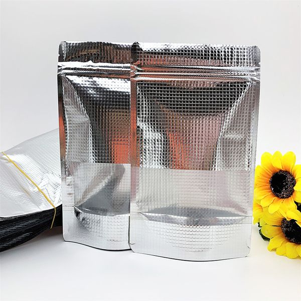 Серебро Алюминиевая фольга Встаньте сумку для хранения с Сеткой зерно Zip блокировки Майларового мешка Zipper Top Seal Window Bag