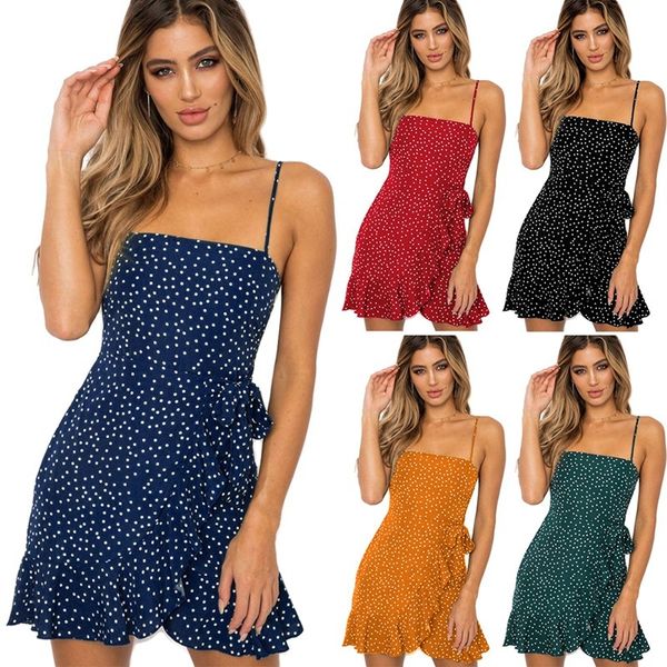 

women summer clothes for beach dress sleeveless dot print cascading ruffle strap dress party fashion 2020 new, Black;gray