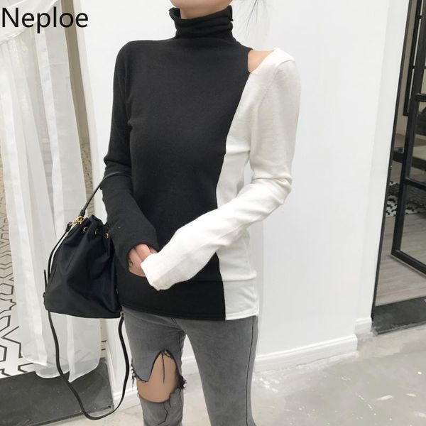 

neploe 2020 spring с длинным рукавом без бретелек тенниски водолазка contrast цвет женщины tee tops корейский slim fit отступ tshirt 58663, White