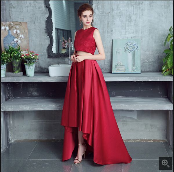 

vestido de festa wine lace satin two piece formal evening dress sleeveless scoop neckline a line prom party evening gowns sale, Black;red