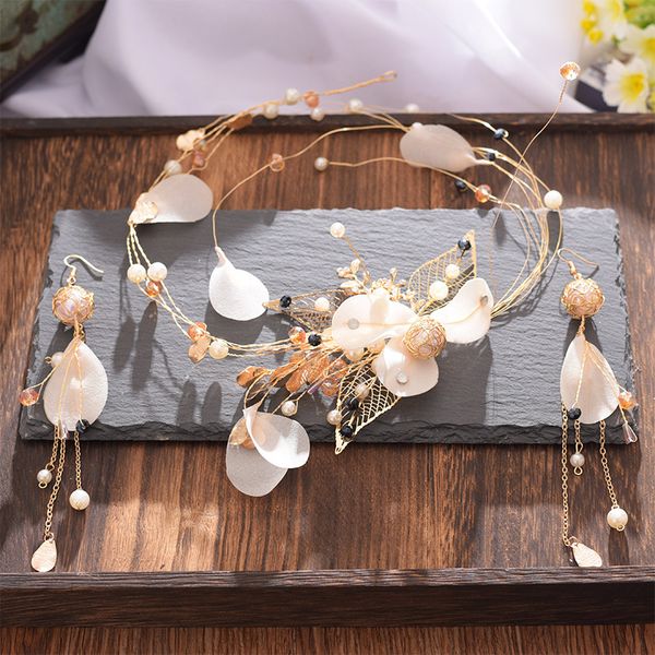 

korean gold super fairy bride's headdress string beadles crown hairband wedding hair tiara earrings set wedding accessories, Golden;white