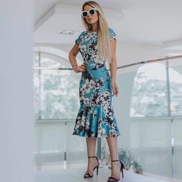 

2020 summer women clothes street dress round neck short sleeve printed mid waist ruffle skirtsad, Black;gray