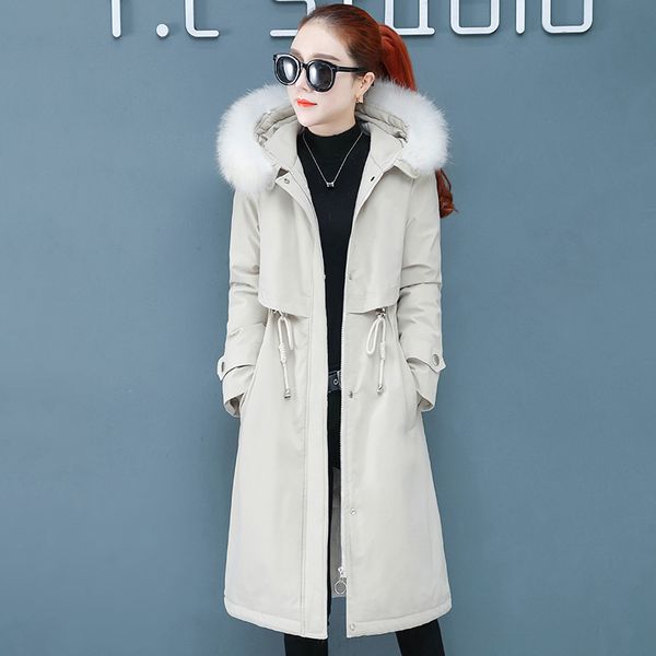 

women solid hooded down coat 2019 new winter splice fashion fur collar zipper pockets button slim thickening long outerwear, Black