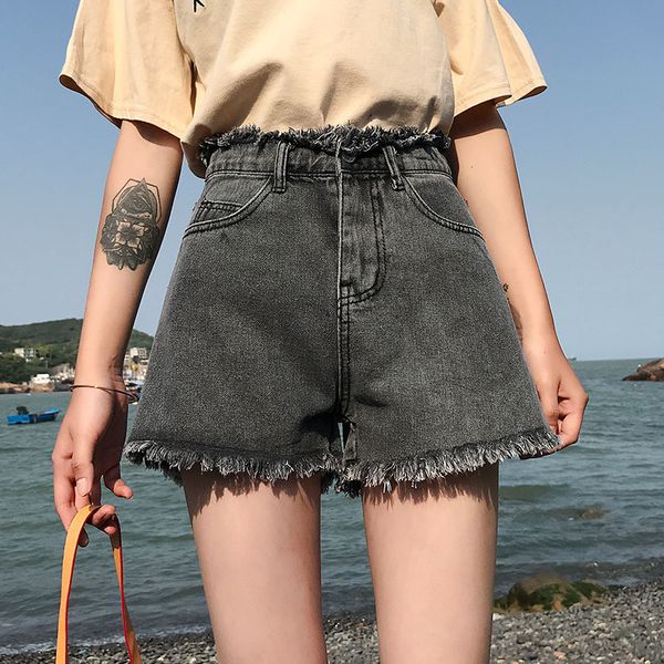 

jeans shorts woman 2020 summer new loose pants wide leg casual high waist denim trousers black grey blue jean female