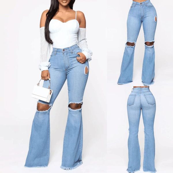 

women's jeans fashion street women wide leg pants denim light blue ladies trousers hollow out female long d30