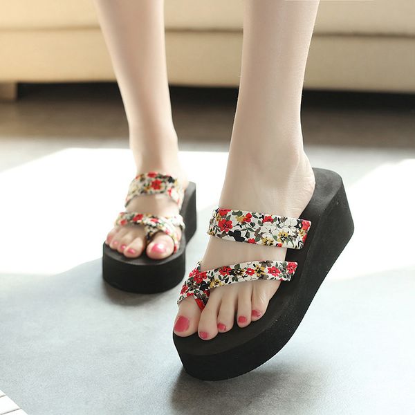 

fashion sweet open toe flower women platform wedges flip flops med outside women shoes print elegant summer slippers eva, Black