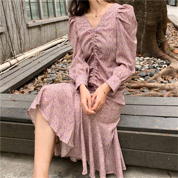 

hzirip puff-sleeved gentle pleated 2020 spring print retro ruffles dress plus size v-neck women casual female femme, Black;gray