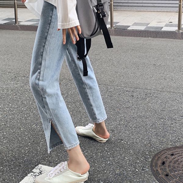 

women's jeans ningde] light color jeans, straight tube, loose high waist, thin and versatile, side slit cropped pants, Blue