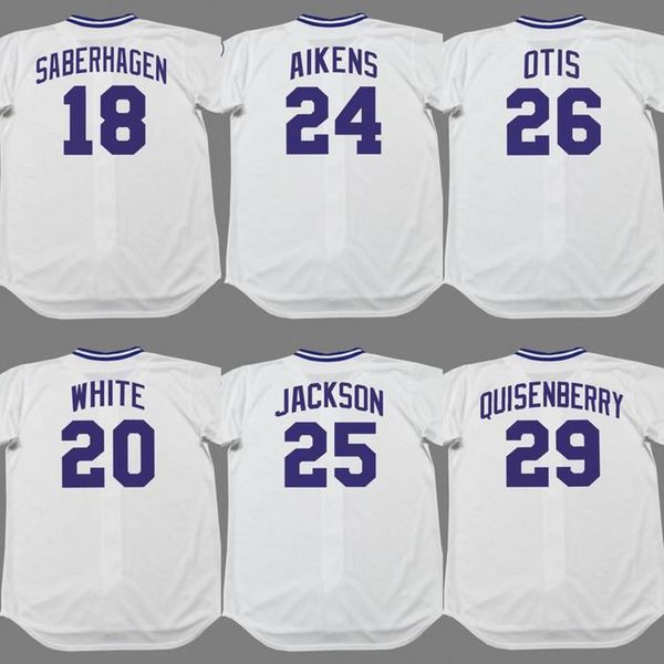 

kansas city 18 bret saberhagen 20 frank white 24 willie aikens 25 danny jackson 26 amos otis 29 dan quisenberry baseball jersey 1985, Blue;black