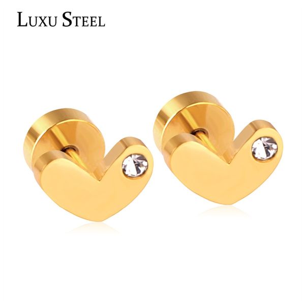 

luxusteel cute tiny heart screw stud earrings gift for girl/kids/lady stainless steel anti-allergy crystal earrings pendientes, Golden;silver