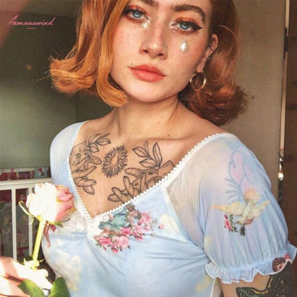 

angel print women vintage sheer mesh short sleeve crop 2020 summer beach party v neck see through tank woman clothes, White