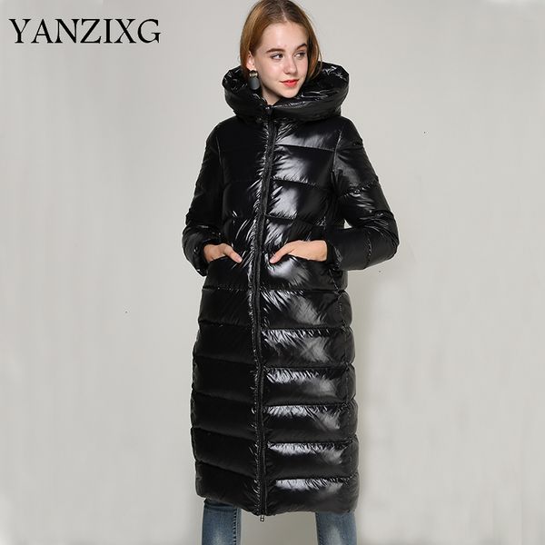 

2019 black shine anti-season special offer knee hooded down jacket women's long patent leather coat f093