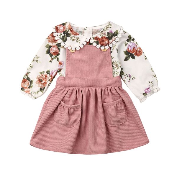 

spring newborn girls dress flower doll collar long sleeve strap skirt overalls outfit clothes set, White