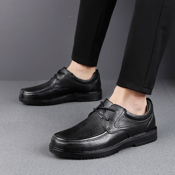 

men soft face flat base shoes 100% cow leather business formal shoes fashion men genuine leather lace up casual footwear, Black