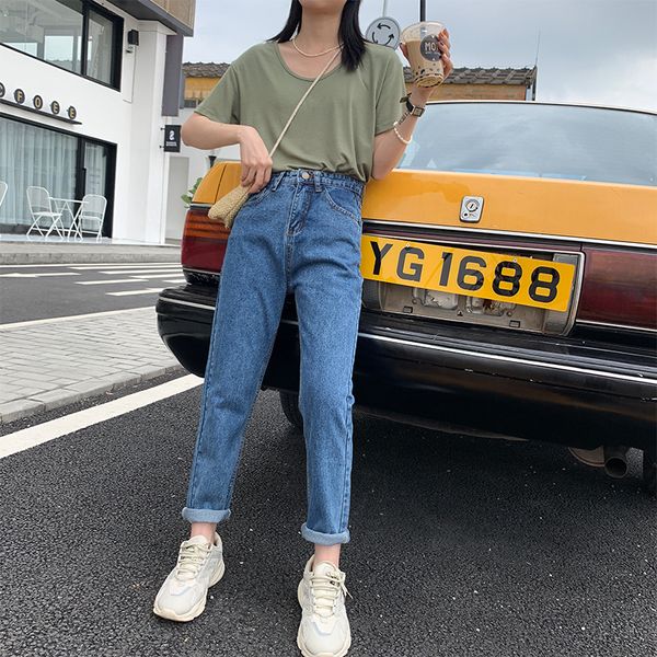 

прямые джинсы женские весна и осень новый стиль с высокой талией папа корейский стиль bf свободный покрой похудения универсальный широкий но, Blue