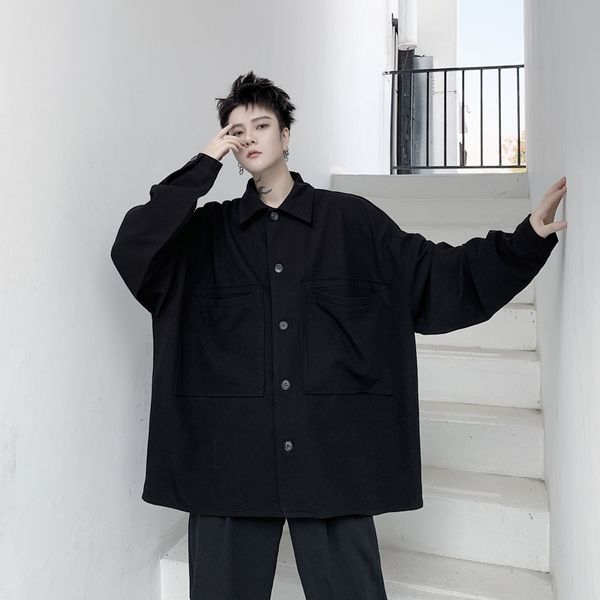 

male vintage streetwear hip hop outerwear men japan style casual loose long sleeve shirt style cargo jackets over coats, Black;brown