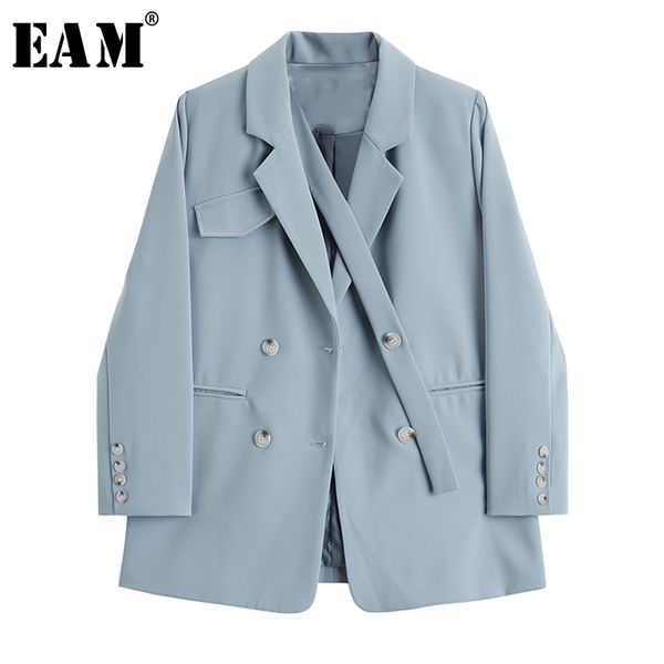

eam] women blue biref button temperament lazer new lapel long sleeve loose fit jacket fashion tide spring autumn 2020 1u977, White;black