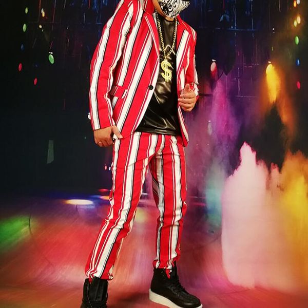

new casual blazer men hip hop stage personality costume suit male singer fashion red and white stripes jacket dj slim suits, White;black