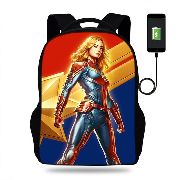 

2019 movie captain marvel print backpack usb for teens student female bookbags school travel bag for teenage girls bagpack
