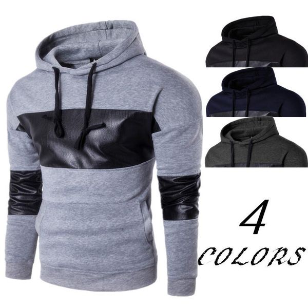 

men's hoodies & sweatshirts mens arrival hooded slim fit hip hop male leather patchwork streetwear, Black