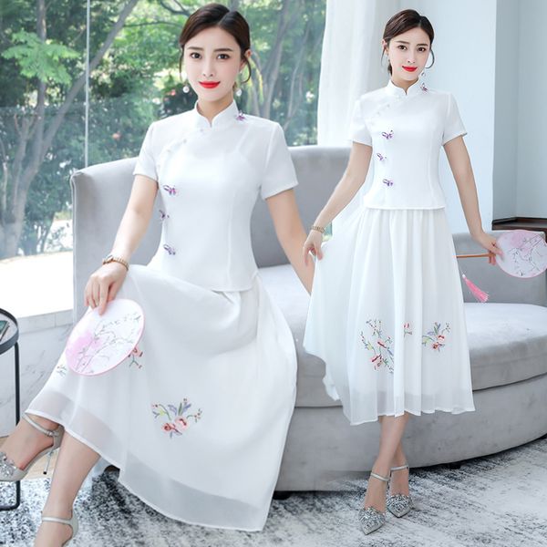 

2020 ladies cheongsam dress two-piece suit summer mom women's chinese style short-sleeved shirt skirt suit fashion elegant slim, White