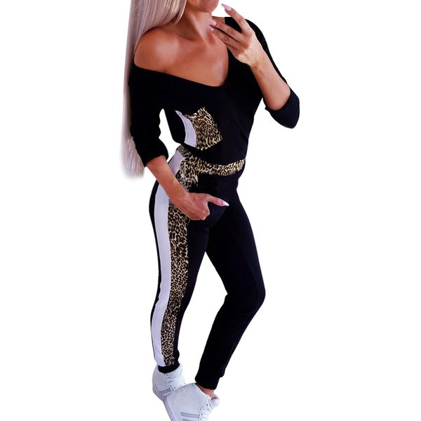 

autumn womens v-neck leopard jumpsuits new laldy stretch romper patchwork jumpsuit playsuit slim fit female long sleeve trousers, Black;white