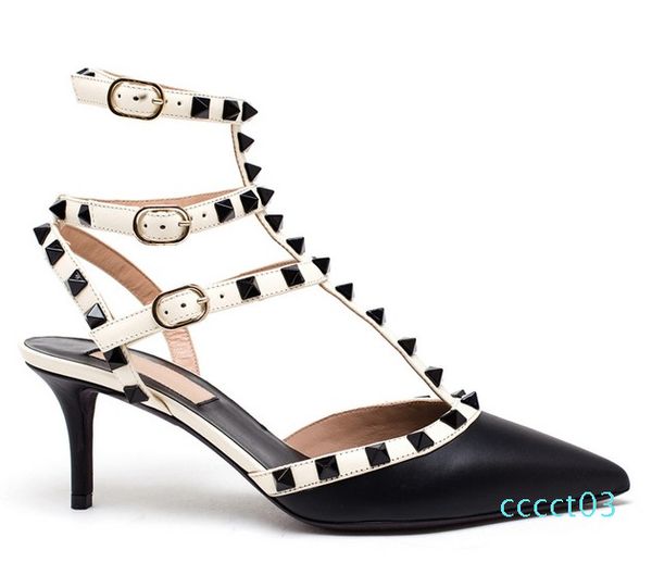 

портной сделал высокое качество! ˙u 34/40 из натуральной кожи с заостренными заклепками каблуки сандалии v насосы роскошного дизайнером 7,5, Black