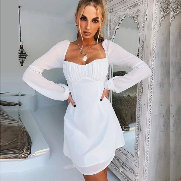 

2020 new drape square neck women dress summer long sleeve backless night party female casual short mini dresses, Black;gray