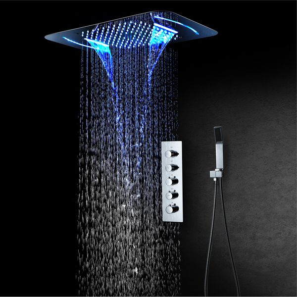 LED multi-funcional luzes termostático painel de chuveiro de aço inoxidável chuva cachoeira cabeça teto banheiro torneira conjunto de torneiras de chuva montada na parede