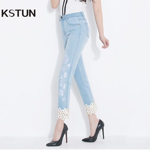 

kstun джинсы женщина с высокой талией стрейч светло-голубой прямой fit джинсы push up модный бренд хорошее качество мама плюс размер 36, Blue