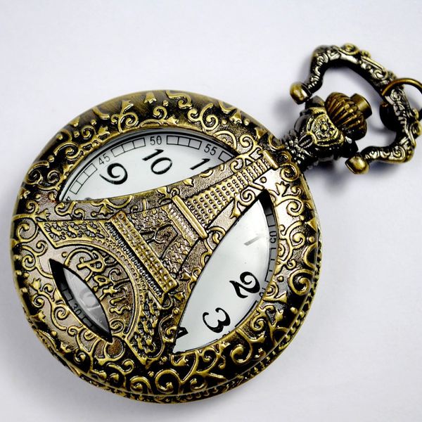 

korean version of the retro pocket watch creative classical engraving hollow large flip iron tower pocket watch fallout, Slivery;golden