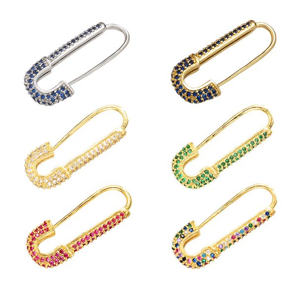 

luruixu unique design paperclip safety pin stud earring for women rainbow cz punk earrings body piercing jewelry accessories, Golden;silver