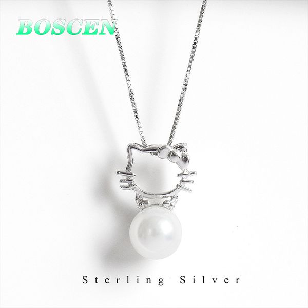 

boscen 925 sterling silver pendant necklace for women girl child birthday gift pearl kt cute cat 2020 simple creative