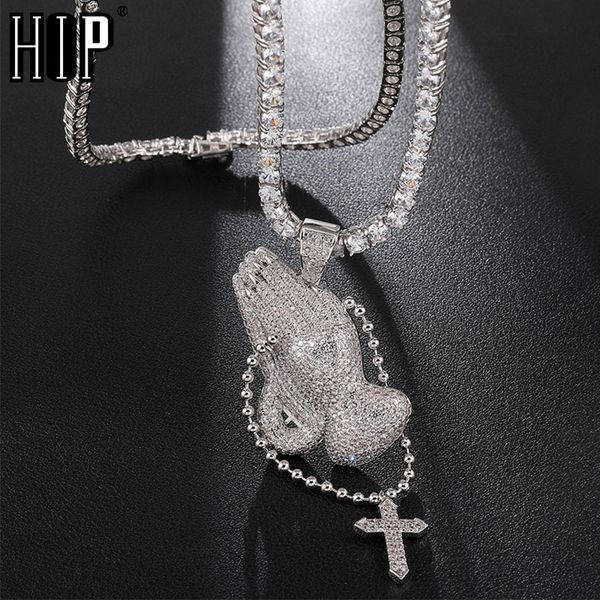 

hip hop bling cubic zirconia iced out praying hands cross necklaces & pendants for men jewelry with tennis chain, Silver