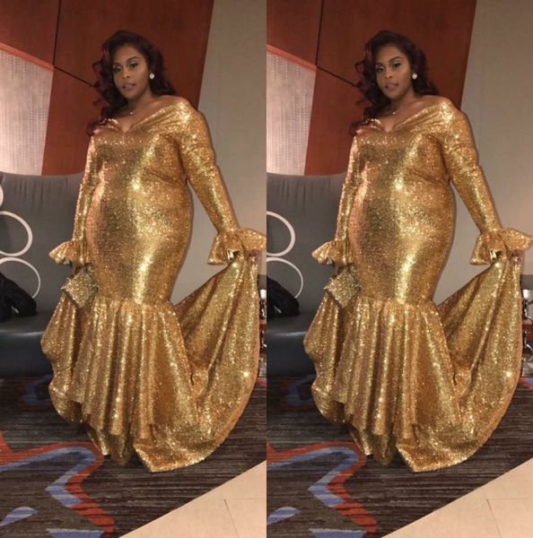 

сексуальная золото блестками русалка пром платья с плеча с длинными рукавами вечерние платья плюс размер африканский конкурс вечерние платья, Black