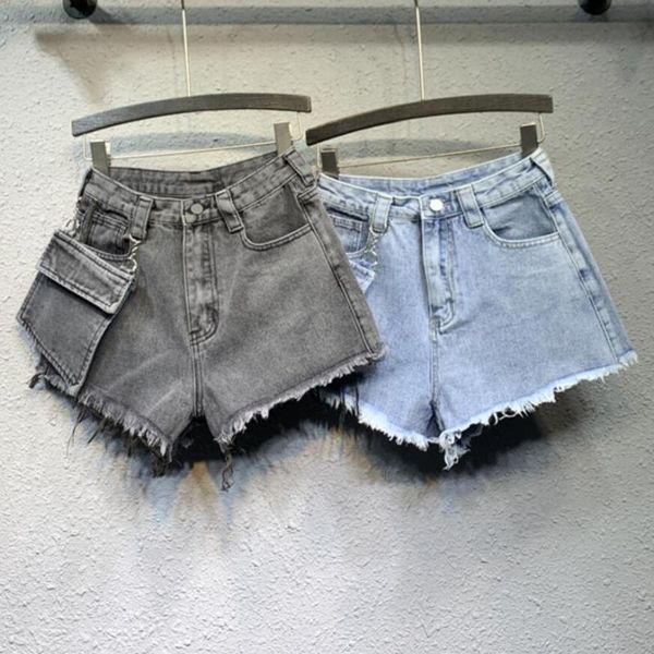 

smoke gray denim shorts women high waist 2020 new spring removable large pocket a word wide leg jeans shorts, White;black